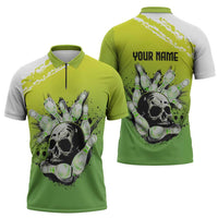 Personalized Skull Bowling Zipper Polo Shirt with Neon Green Strike Design - Edgy Bowler Style - Wonder Print Shop