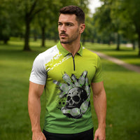 Personalized Skull Bowling Zipper Polo Shirt with Neon Green Strike Design - Edgy Bowler Style - Wonder Print Shop