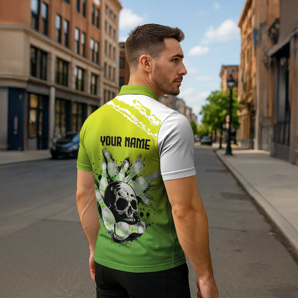 Personalized Skull Bowling Zipper Polo Shirt with Neon Green Strike Design - Edgy Bowler Style - Wonder Print Shop