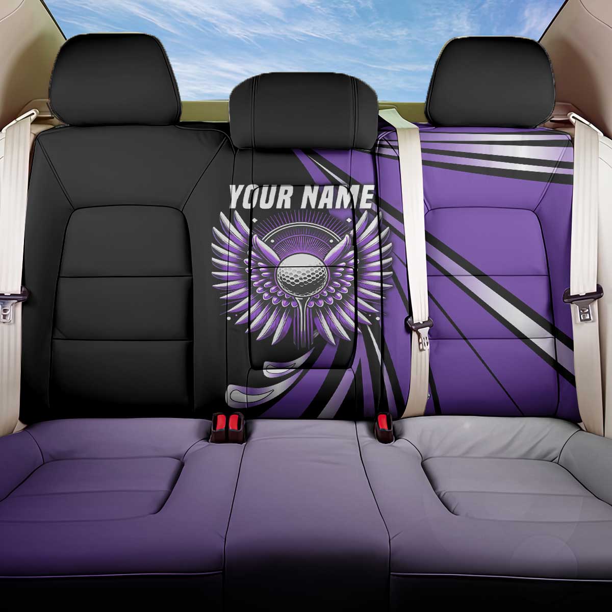 Personalized Purple Winged Golf Ball Back Car Seat Cover Bold Golf Graphic Design - Wonder Print Shop