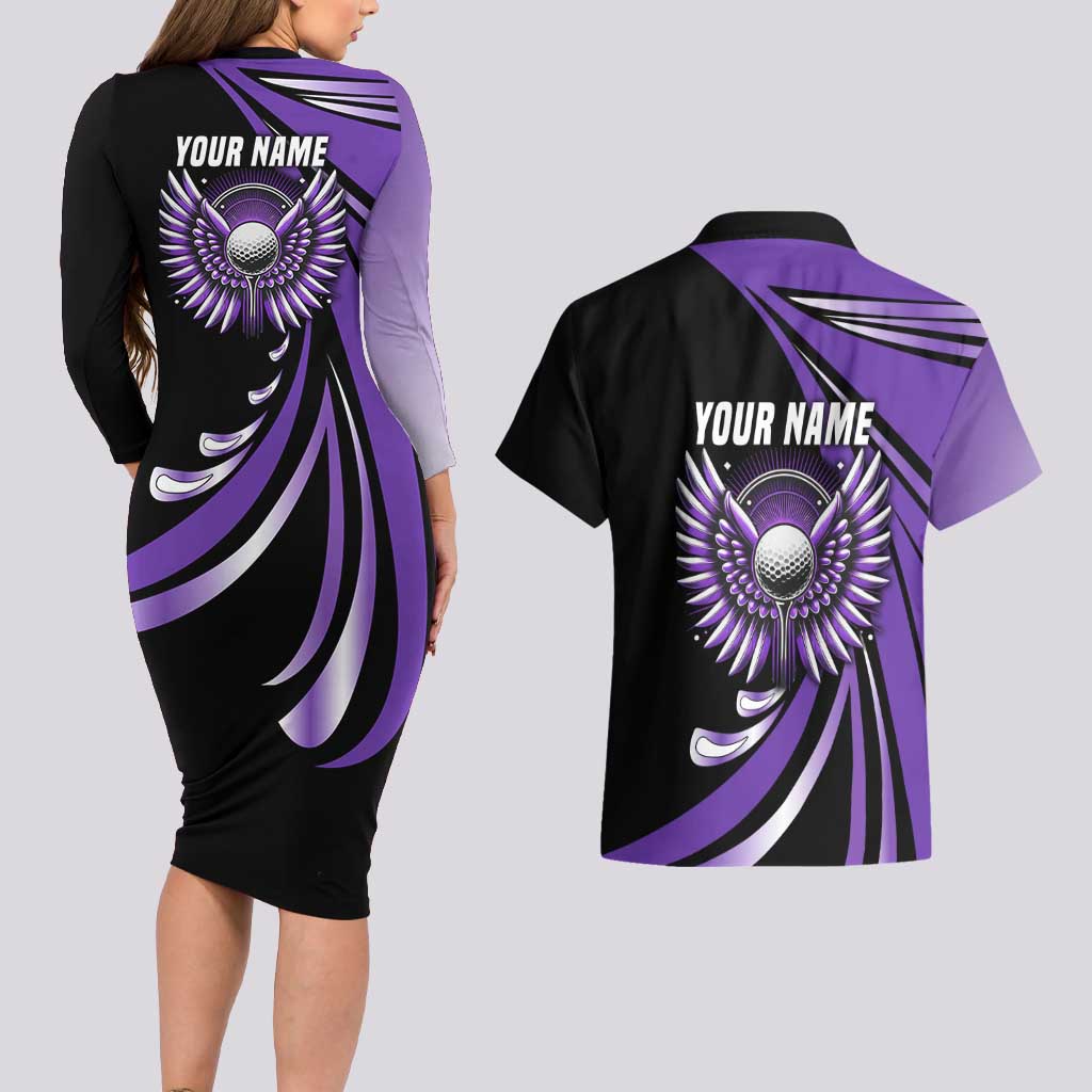 Personalized Purple Winged Golf Ball Couples Matching Long Sleeve Bodycon Dress and Hawaiian Shirt Bold Golf Graphic Design - Wonder Print Shop