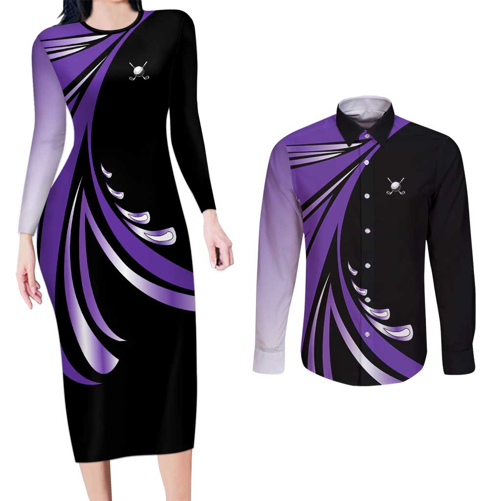 Personalized Purple Winged Golf Ball Couples Matching Long Sleeve Bodycon Dress and Long Sleeve Button Shirt Bold Golf Graphic Design - Wonder Print Shop