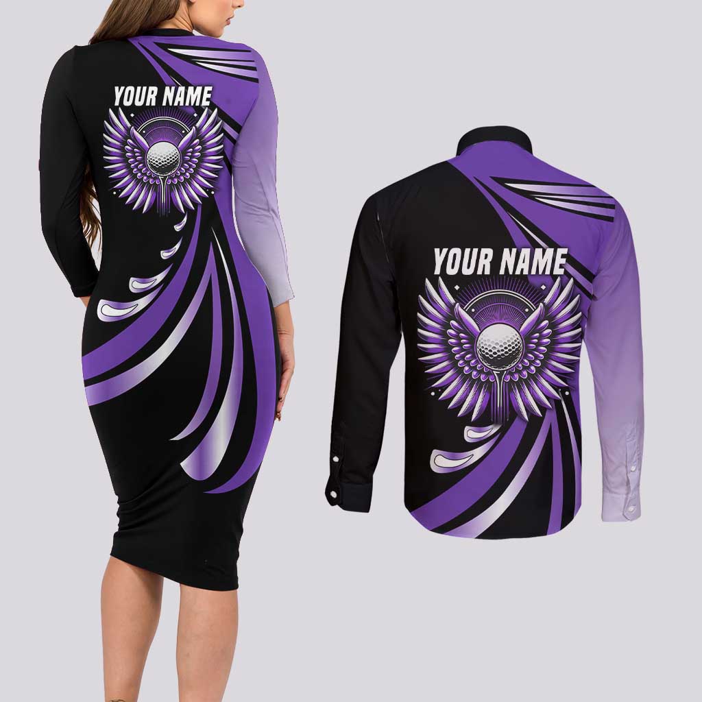 Personalized Purple Winged Golf Ball Couples Matching Long Sleeve Bodycon Dress and Long Sleeve Button Shirt Bold Golf Graphic Design - Wonder Print Shop