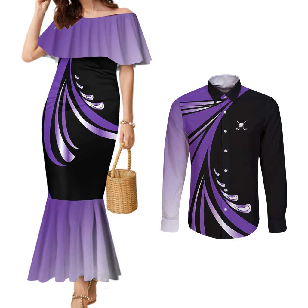 Personalized Purple Winged Golf Ball Couples Matching Mermaid Dress and Long Sleeve Button Shirt Bold Golf Graphic Design - Wonder Print Shop