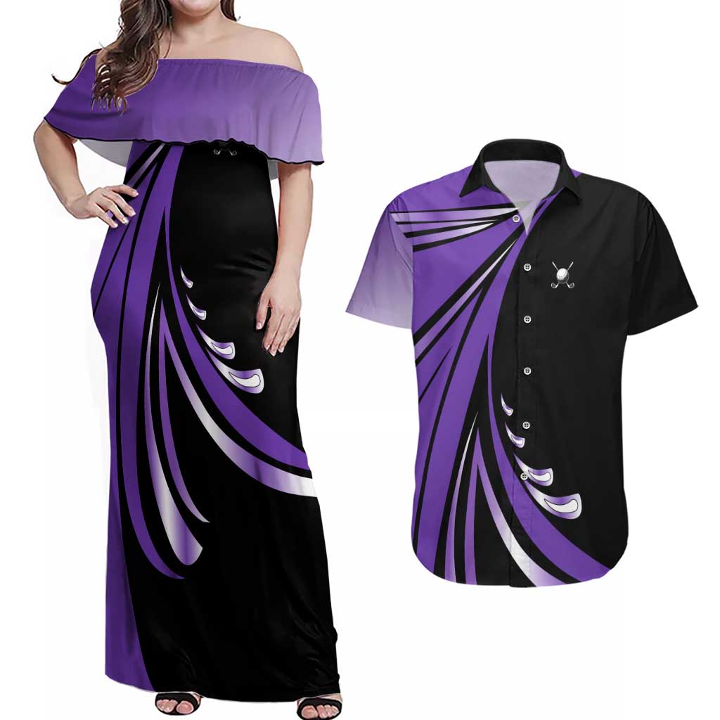 Personalized Purple Winged Golf Ball Couples Matching Off Shoulder Maxi Dress and Hawaiian Shirt Bold Golf Graphic Design - Wonder Print Shop