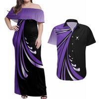 Personalized Purple Winged Golf Ball Couples Matching Off Shoulder Maxi Dress and Hawaiian Shirt Bold Golf Graphic Design - Wonder Print Shop
