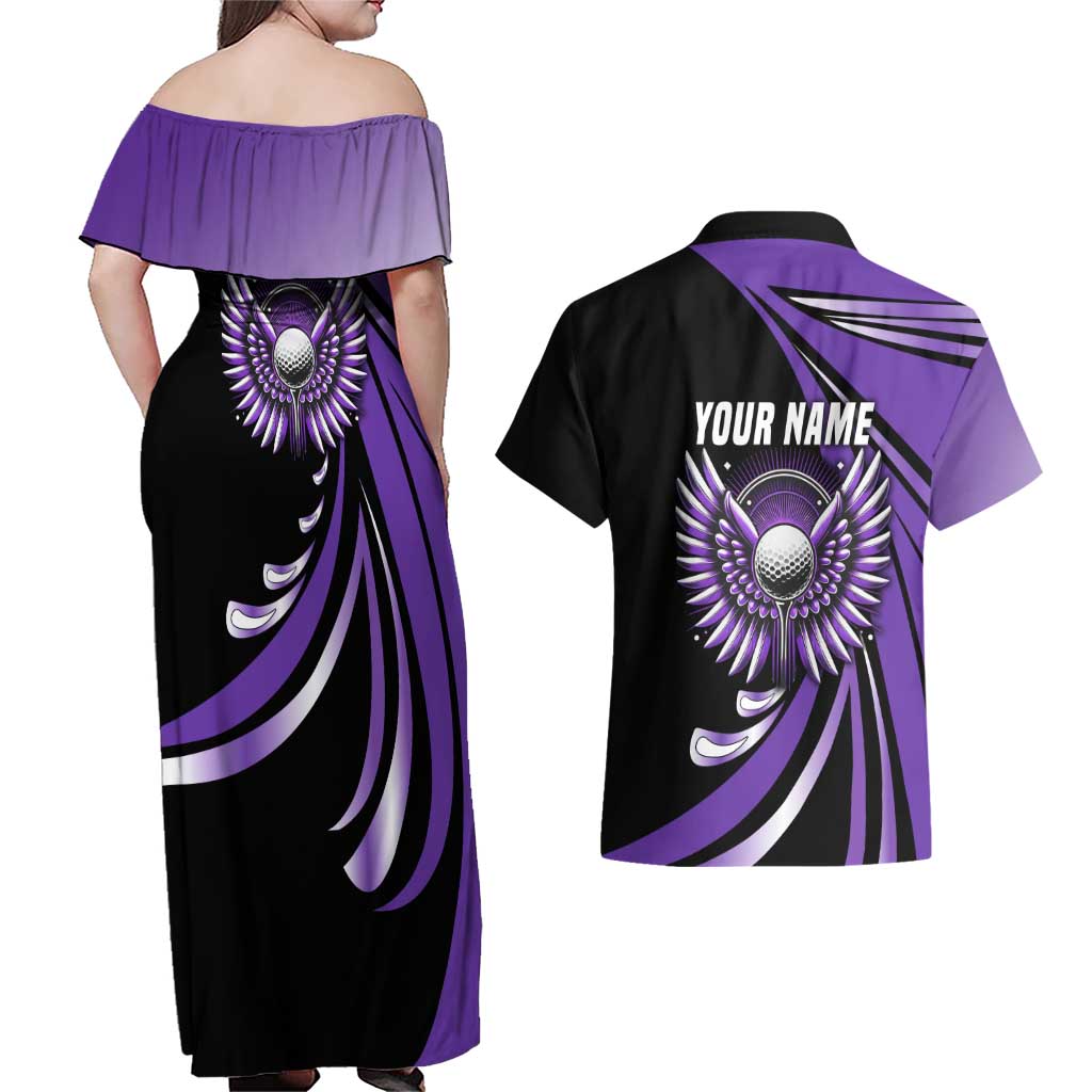 Personalized Purple Winged Golf Ball Couples Matching Off Shoulder Maxi Dress and Hawaiian Shirt Bold Golf Graphic Design - Wonder Print Shop