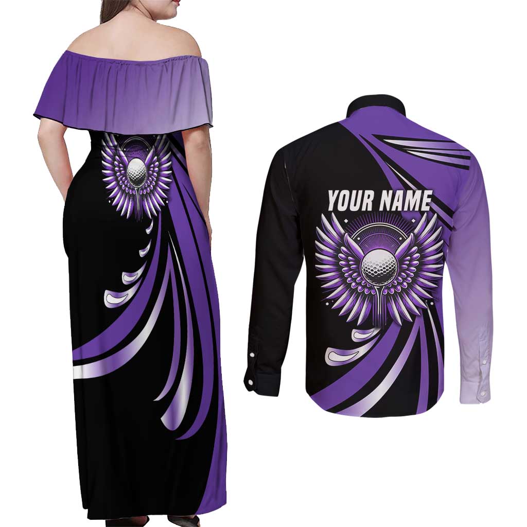 Personalized Purple Winged Golf Ball Couples Matching Off Shoulder Maxi Dress and Long Sleeve Button Shirt Bold Golf Graphic Design - Wonder Print Shop