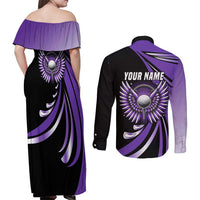 Personalized Purple Winged Golf Ball Couples Matching Off Shoulder Maxi Dress and Long Sleeve Button Shirt Bold Golf Graphic Design - Wonder Print Shop