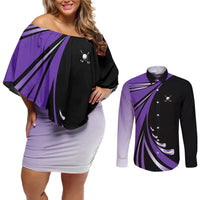 Personalized Purple Winged Golf Ball Couples Matching Off Shoulder Short Dress and Long Sleeve Button Shirt Bold Golf Graphic Design - Wonder Print Shop
