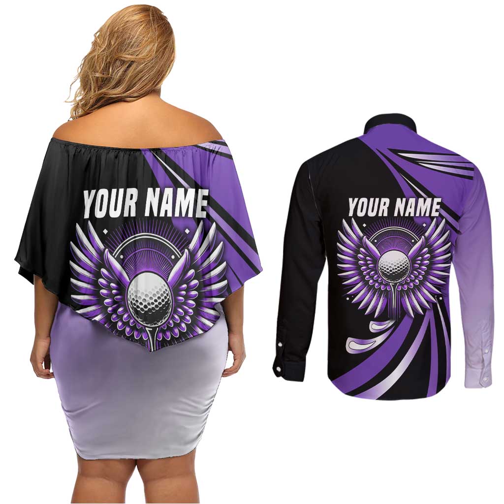 Personalized Purple Winged Golf Ball Couples Matching Off Shoulder Short Dress and Long Sleeve Button Shirt Bold Golf Graphic Design - Wonder Print Shop