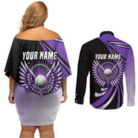 Personalized Purple Winged Golf Ball Couples Matching Off Shoulder Short Dress and Long Sleeve Button Shirt Bold Golf Graphic Design - Wonder Print Shop