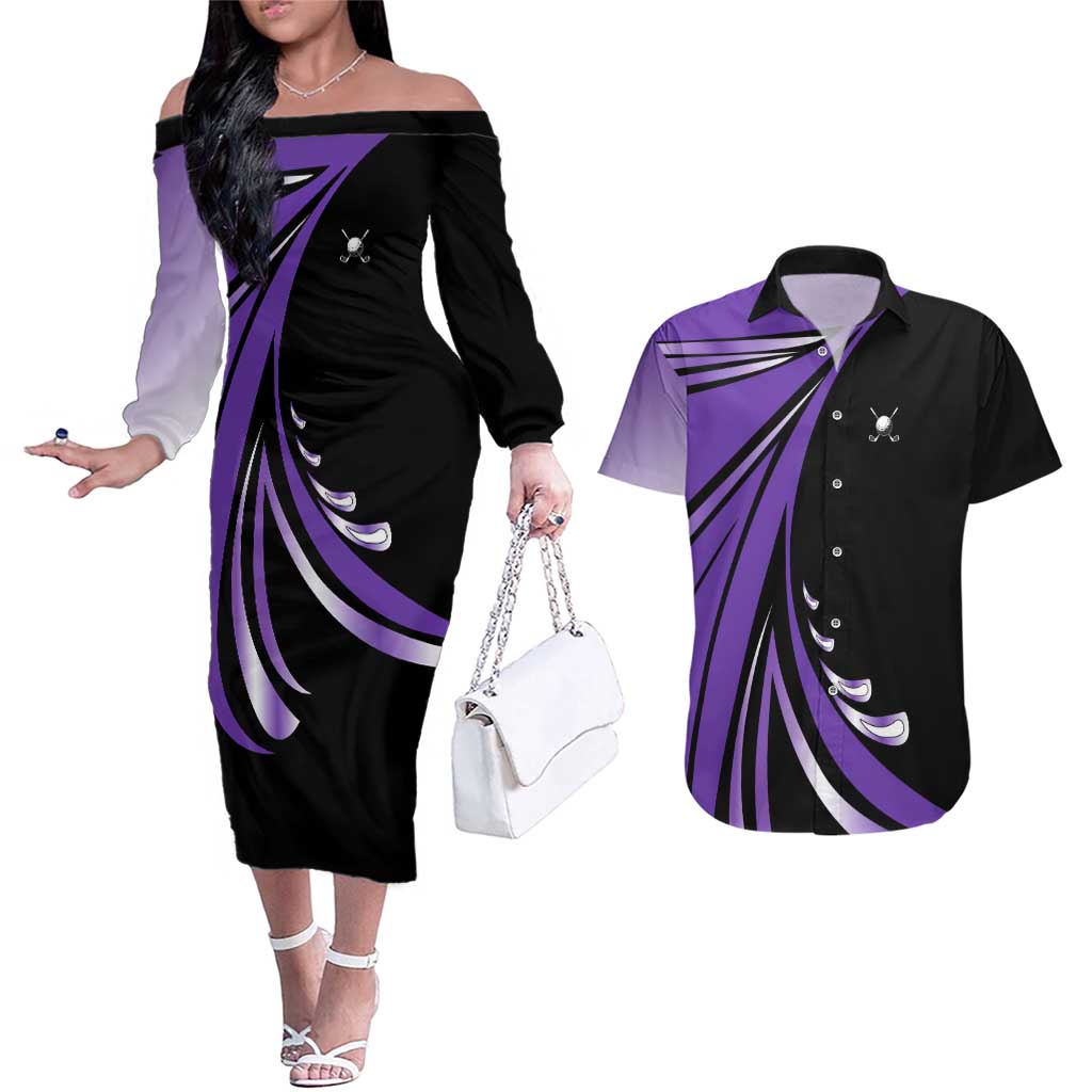 Personalized Purple Winged Golf Ball Couples Matching Off The Shoulder Long Sleeve Dress and Hawaiian Shirt Bold Golf Graphic Design - Wonder Print Shop