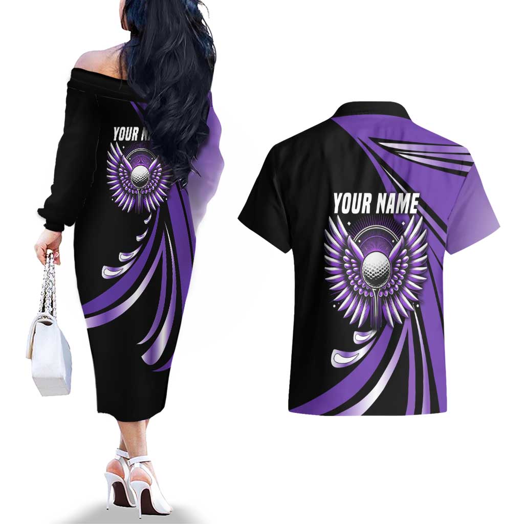 Personalized Purple Winged Golf Ball Couples Matching Off The Shoulder Long Sleeve Dress and Hawaiian Shirt Bold Golf Graphic Design - Wonder Print Shop