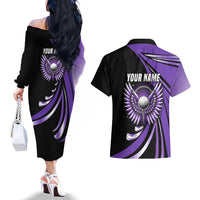 Personalized Purple Winged Golf Ball Couples Matching Off The Shoulder Long Sleeve Dress and Hawaiian Shirt Bold Golf Graphic Design - Wonder Print Shop