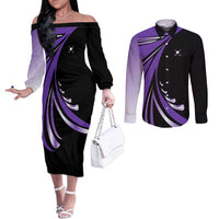 Personalized Purple Winged Golf Ball Couples Matching Off The Shoulder Long Sleeve Dress and Long Sleeve Button Shirt Bold Golf Graphic Design - Wonder Print Shop