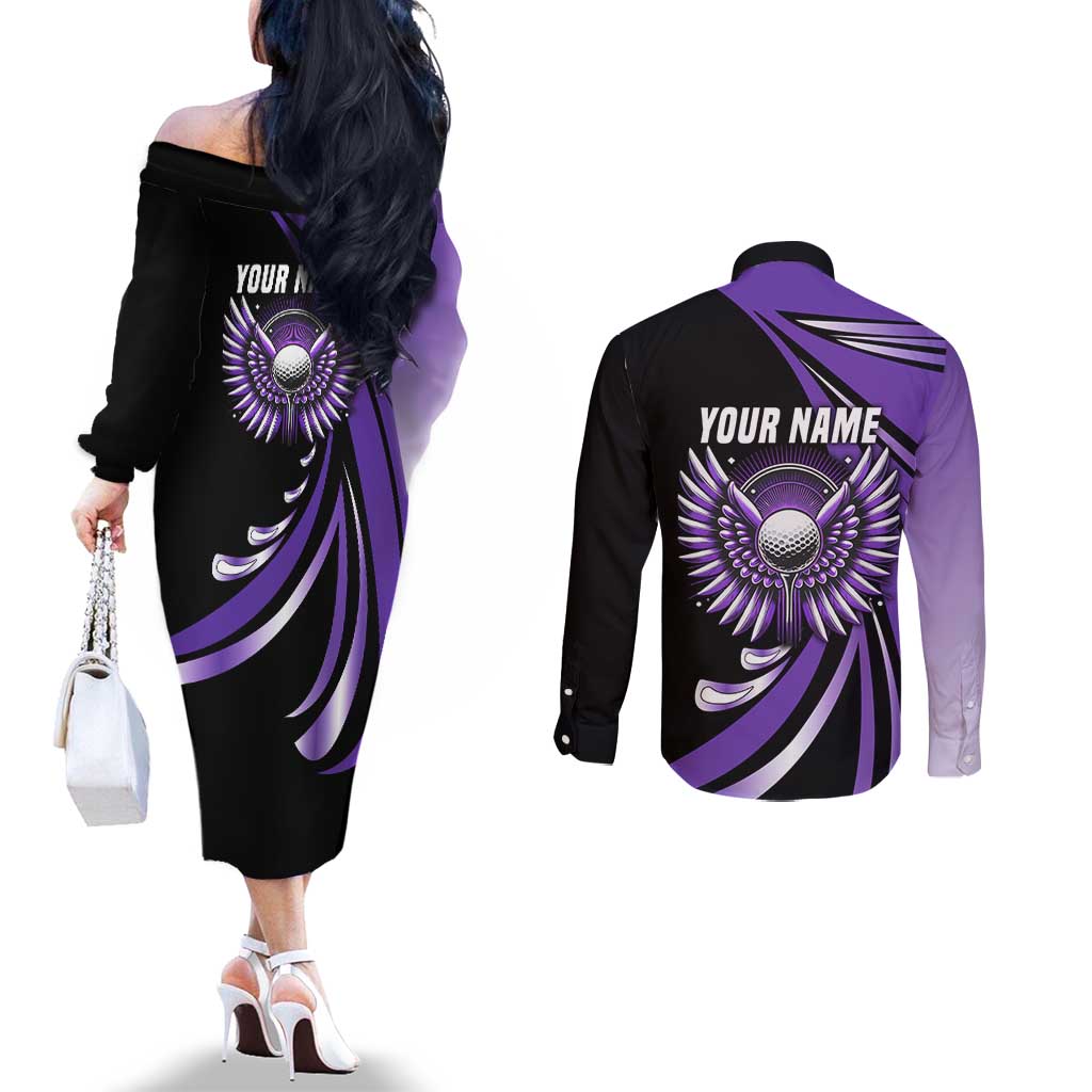 Personalized Purple Winged Golf Ball Couples Matching Off The Shoulder Long Sleeve Dress and Long Sleeve Button Shirt Bold Golf Graphic Design - Wonder Print Shop