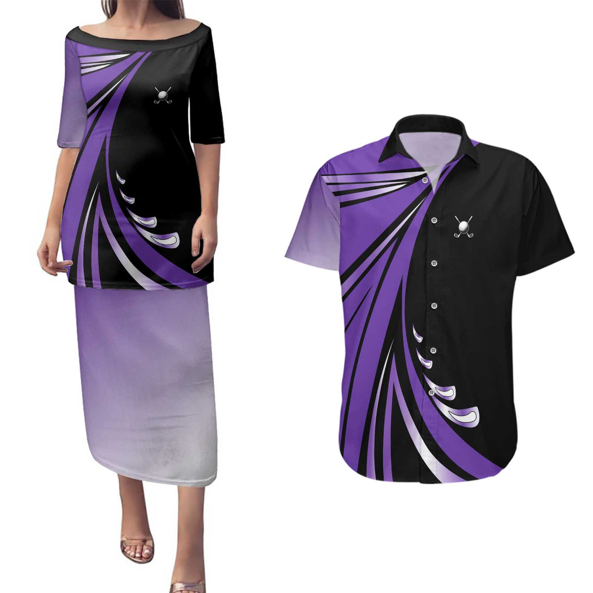 Personalized Purple Winged Golf Ball Couples Matching Puletasi and Hawaiian Shirt Bold Golf Graphic Design - Wonder Print Shop