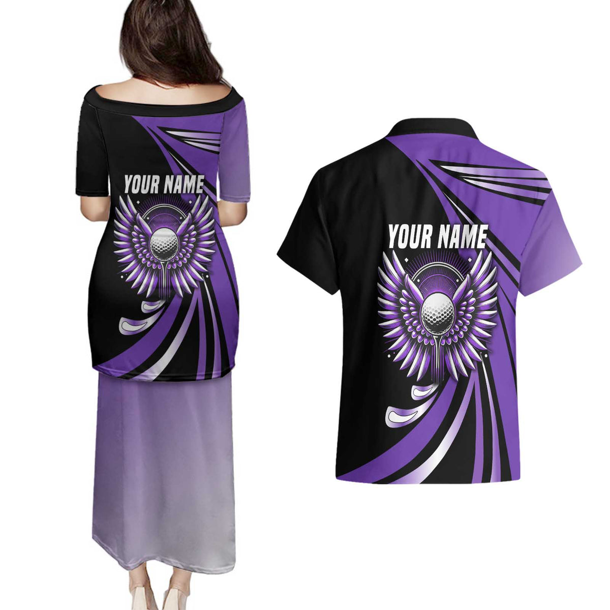 Personalized Purple Winged Golf Ball Couples Matching Puletasi and Hawaiian Shirt Bold Golf Graphic Design - Wonder Print Shop