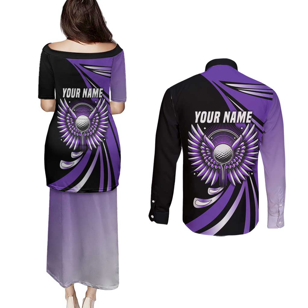 Personalized Purple Winged Golf Ball Couples Matching Puletasi and Long Sleeve Button Shirt Bold Golf Graphic Design - Wonder Print Shop