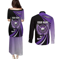 Personalized Purple Winged Golf Ball Couples Matching Puletasi and Long Sleeve Button Shirt Bold Golf Graphic Design - Wonder Print Shop