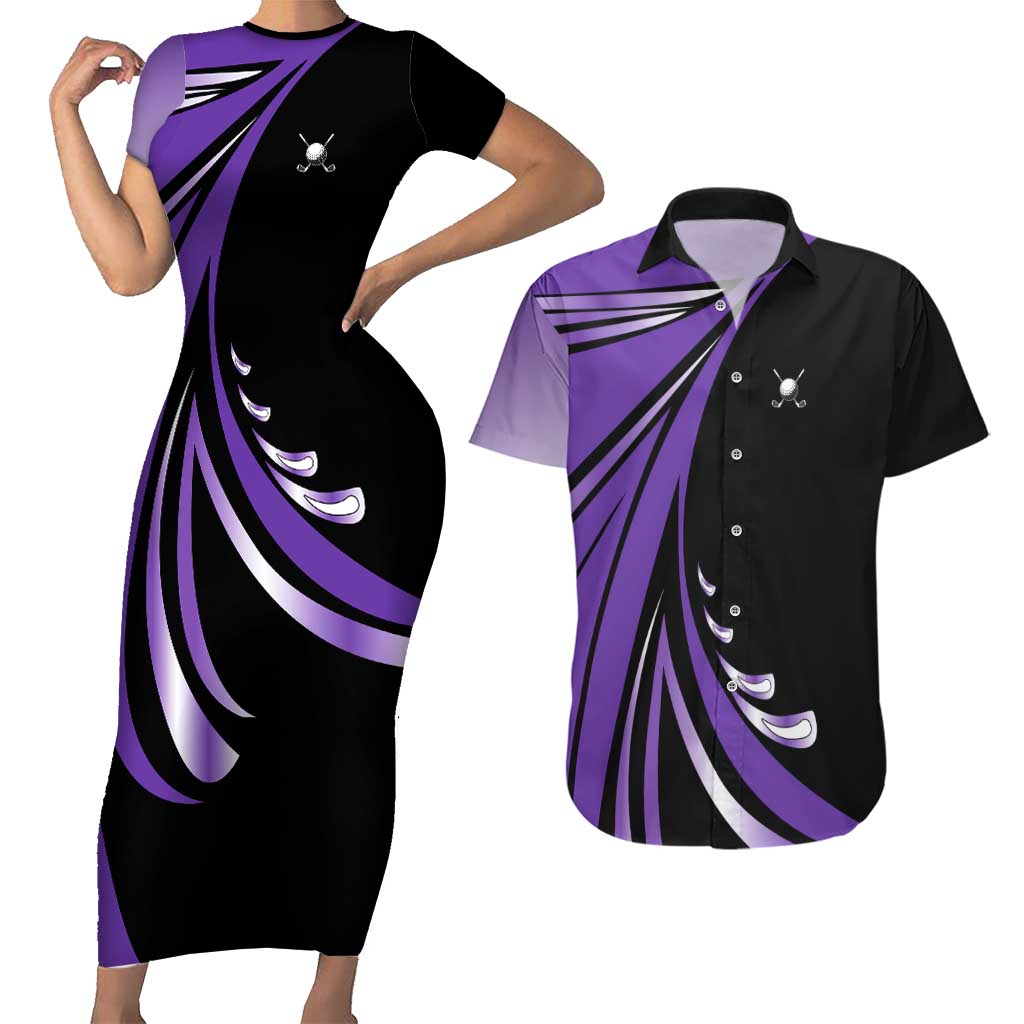Personalized Purple Winged Golf Ball Couples Matching Short Sleeve Bodycon Dress and Hawaiian Shirt Bold Golf Graphic Design - Wonder Print Shop