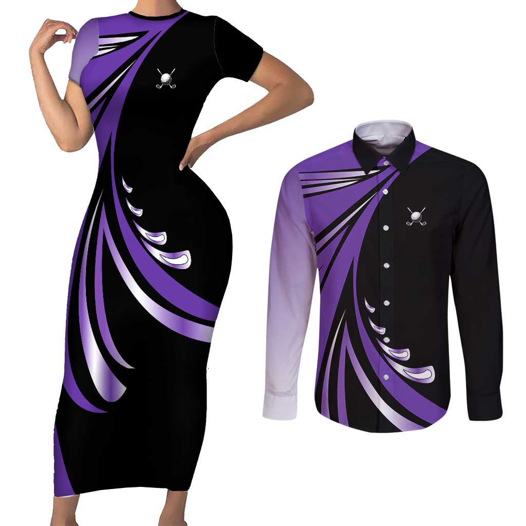 Personalized Purple Winged Golf Ball Couples Matching Short Sleeve Bodycon Dress and Long Sleeve Button Shirt Bold Golf Graphic Design - Wonder Print Shop