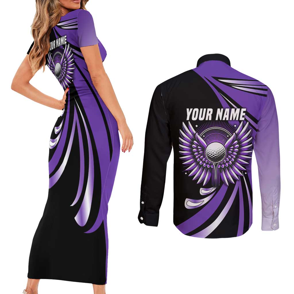 Personalized Purple Winged Golf Ball Couples Matching Short Sleeve Bodycon Dress and Long Sleeve Button Shirt Bold Golf Graphic Design - Wonder Print Shop