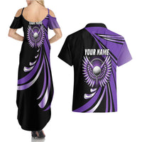 Personalized Purple Winged Golf Ball Couples Matching Summer Maxi Dress and Hawaiian Shirt Bold Golf Graphic Design - Wonder Print Shop