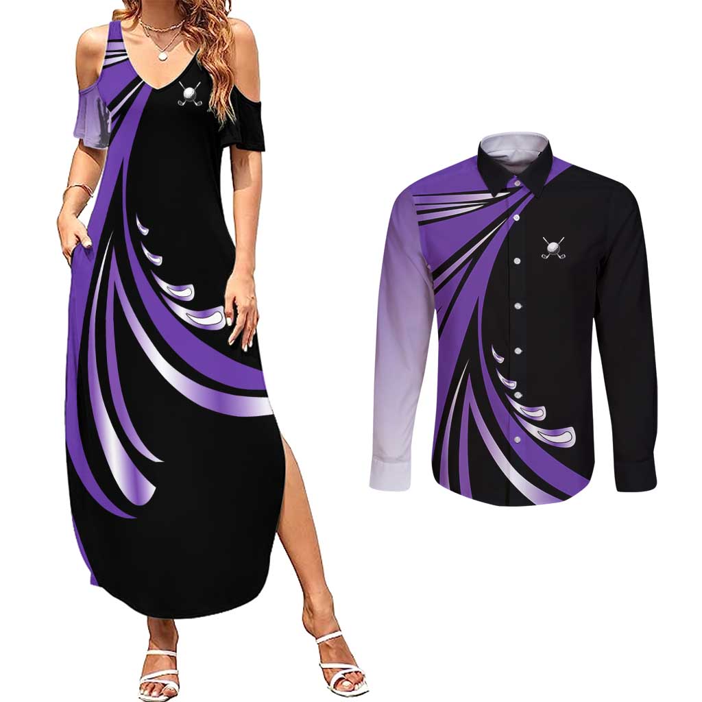 Personalized Purple Winged Golf Ball Couples Matching Summer Maxi Dress and Long Sleeve Button Shirt Bold Golf Graphic Design - Wonder Print Shop