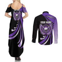 Personalized Purple Winged Golf Ball Couples Matching Summer Maxi Dress and Long Sleeve Button Shirt Bold Golf Graphic Design - Wonder Print Shop