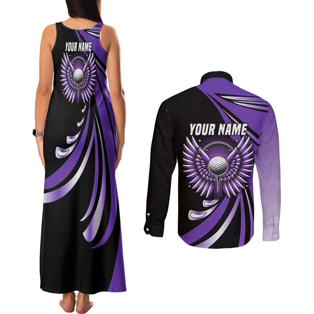 Personalized Purple Winged Golf Ball Couples Matching Tank Maxi Dress and Long Sleeve Button Shirt Bold Golf Graphic Design - Wonder Print Shop