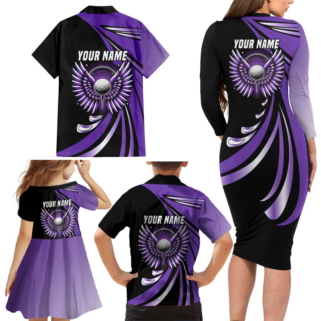 Personalized Purple Winged Golf Ball Family Matching Long Sleeve Bodycon Dress and Hawaiian Shirt Bold Golf Graphic Design - Wonder Print Shop
