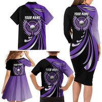Personalized Purple Winged Golf Ball Family Matching Long Sleeve Bodycon Dress and Hawaiian Shirt Bold Golf Graphic Design - Wonder Print Shop