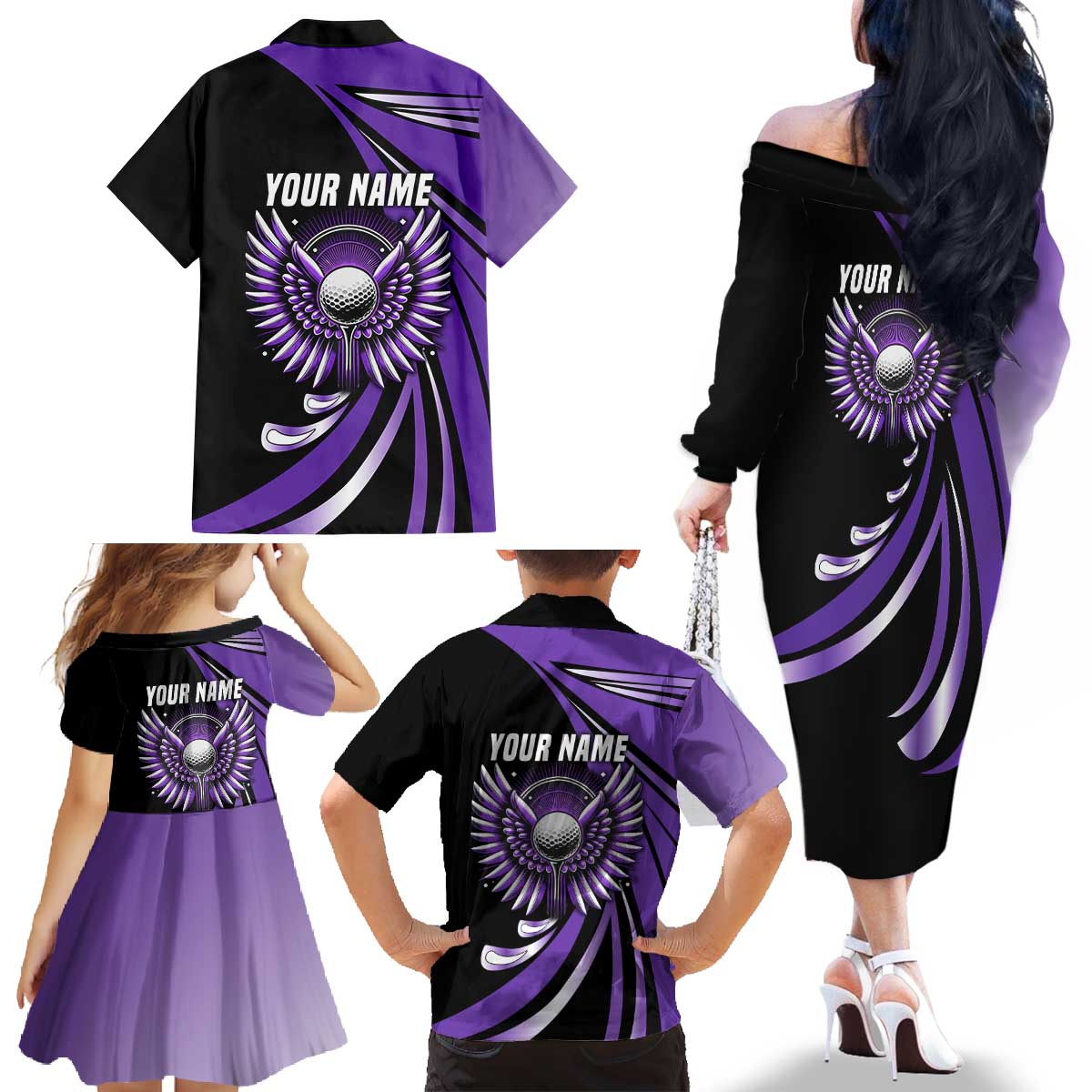 Personalized Purple Winged Golf Ball Family Matching Off The Shoulder Long Sleeve Dress and Hawaiian Shirt Bold Golf Graphic Design - Wonder Print Shop