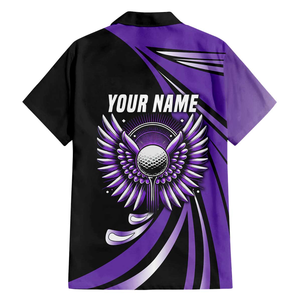 Personalized Purple Winged Golf Ball Family Matching Off The Shoulder Long Sleeve Dress and Hawaiian Shirt Bold Golf Graphic Design - Wonder Print Shop
