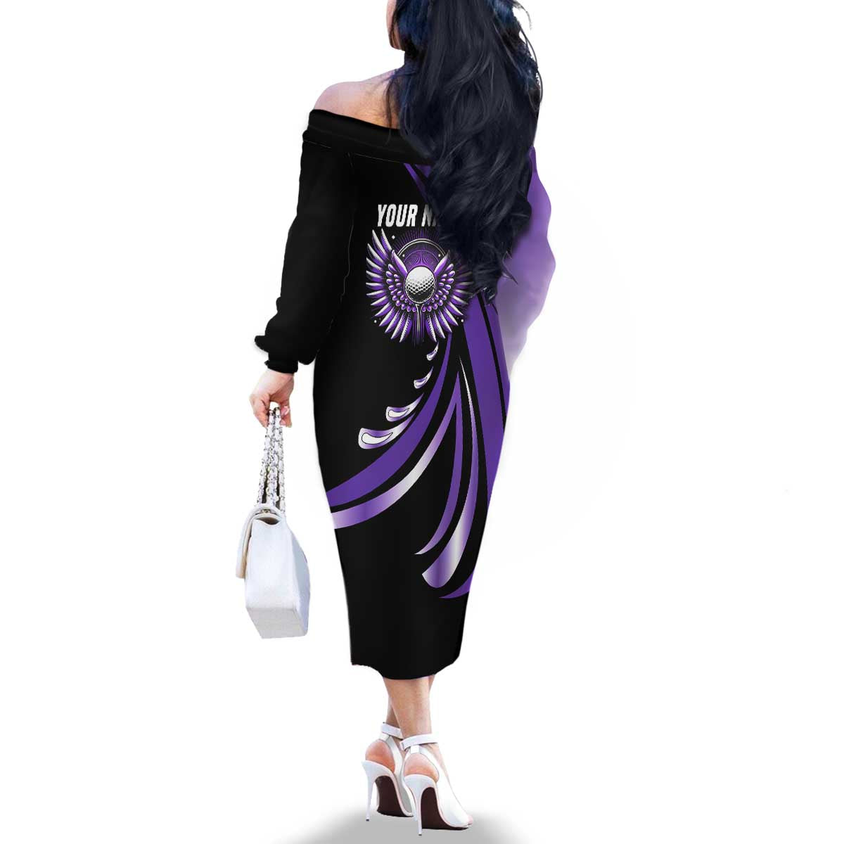 Personalized Purple Winged Golf Ball Family Matching Off The Shoulder Long Sleeve Dress and Hawaiian Shirt Bold Golf Graphic Design - Wonder Print Shop