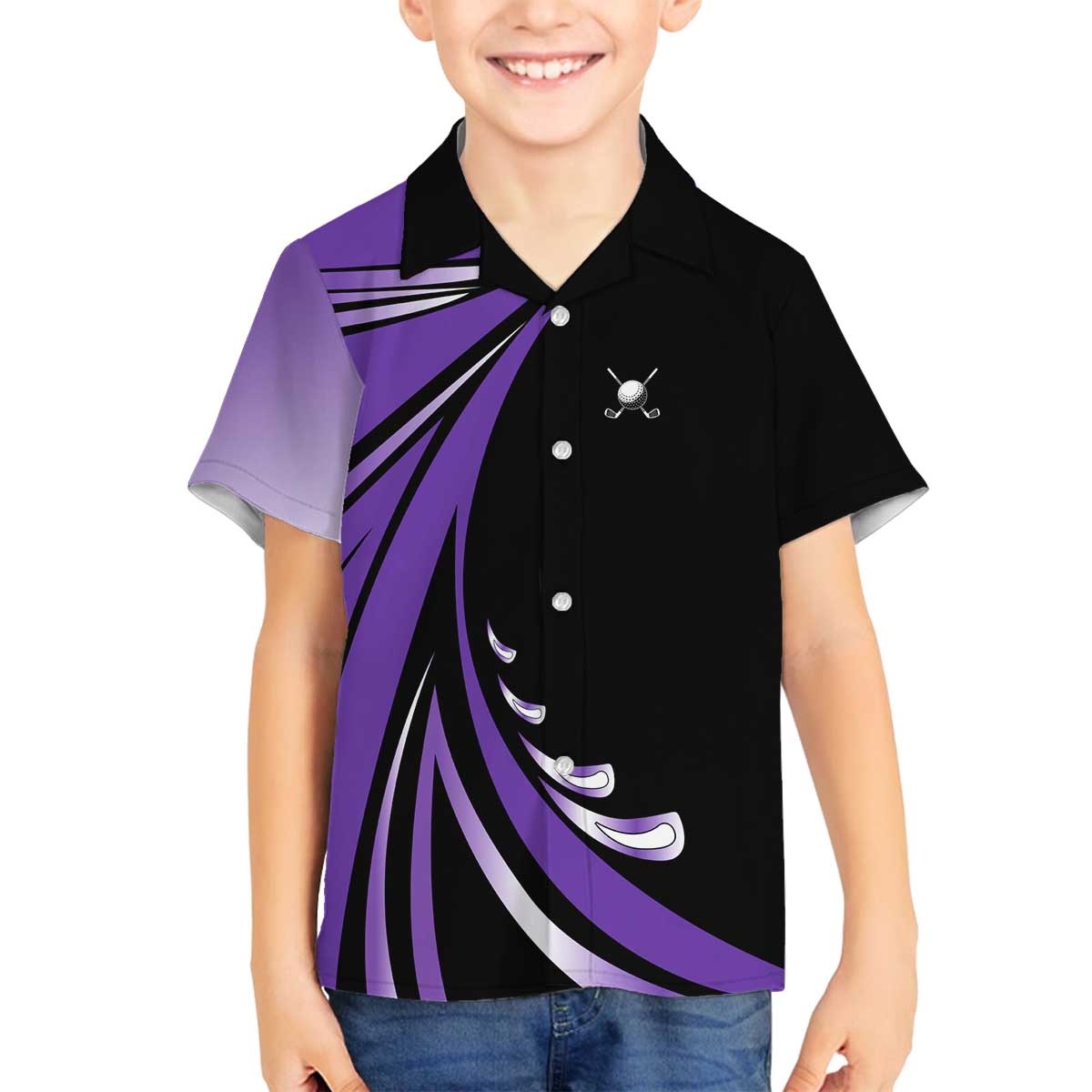 Personalized Purple Winged Golf Ball Family Matching Off The Shoulder Long Sleeve Dress and Hawaiian Shirt Bold Golf Graphic Design - Wonder Print Shop