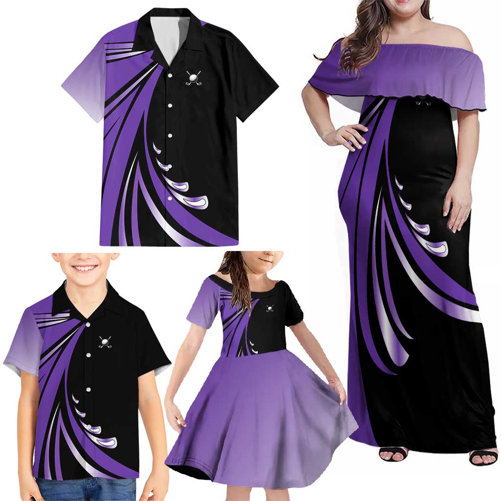 Personalized Purple Winged Golf Ball Family Matching Off Shoulder Maxi Dress and Hawaiian Shirt Bold Golf Graphic Design - Wonder Print Shop