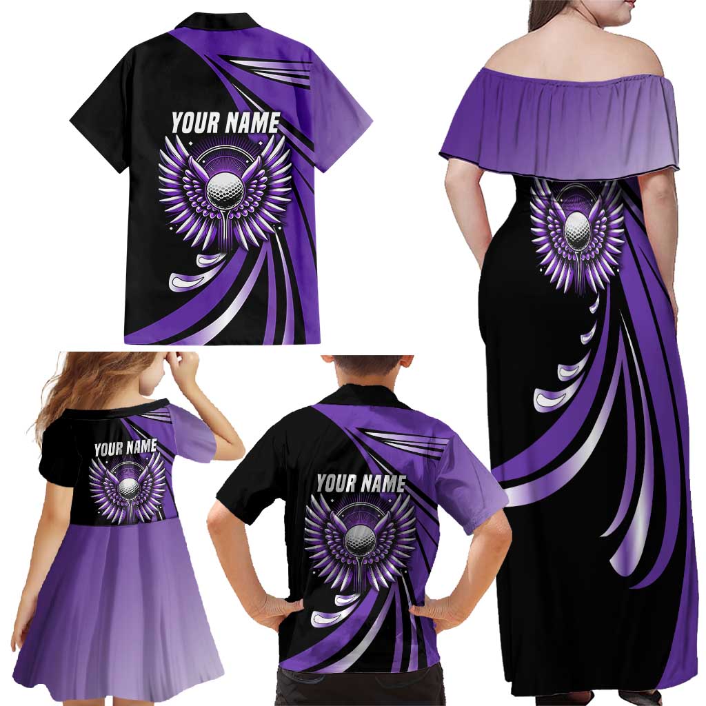 Personalized Purple Winged Golf Ball Family Matching Off Shoulder Maxi Dress and Hawaiian Shirt Bold Golf Graphic Design - Wonder Print Shop
