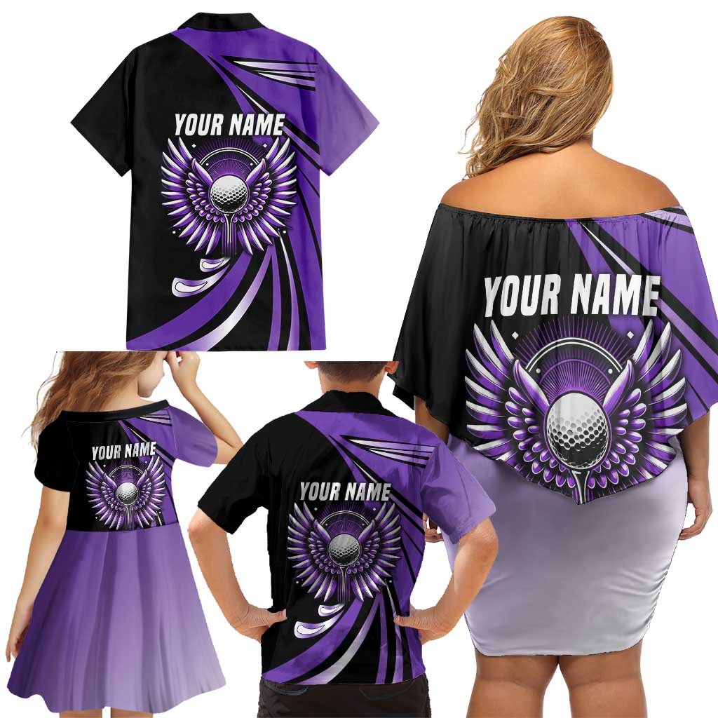 Personalized Purple Winged Golf Ball Family Matching Off Shoulder Short Dress and Hawaiian Shirt Bold Golf Graphic Design - Wonder Print Shop