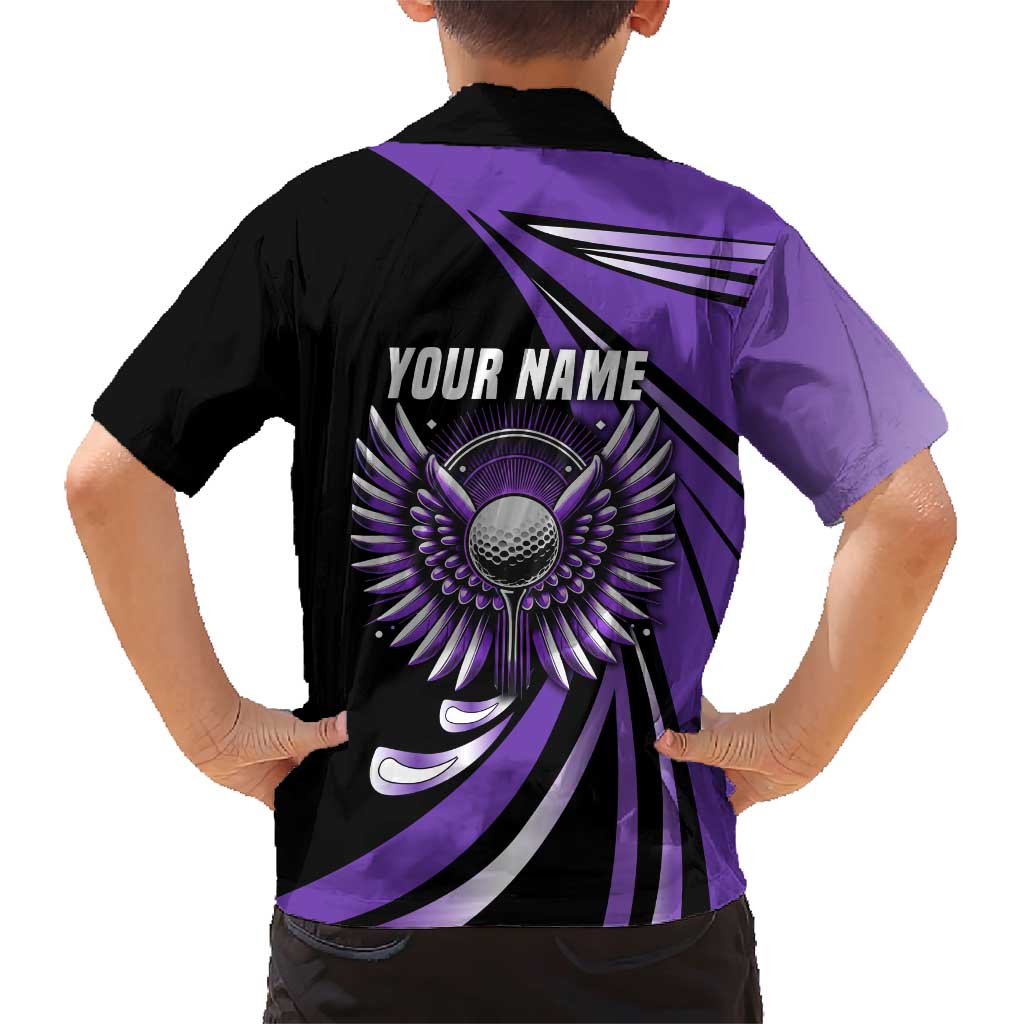 Personalized Purple Winged Golf Ball Family Matching Short Sleeve Bodycon Dress and Hawaiian Shirt Bold Golf Graphic Design - Wonder Print Shop