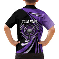 Personalized Purple Winged Golf Ball Family Matching Short Sleeve Bodycon Dress and Hawaiian Shirt Bold Golf Graphic Design - Wonder Print Shop