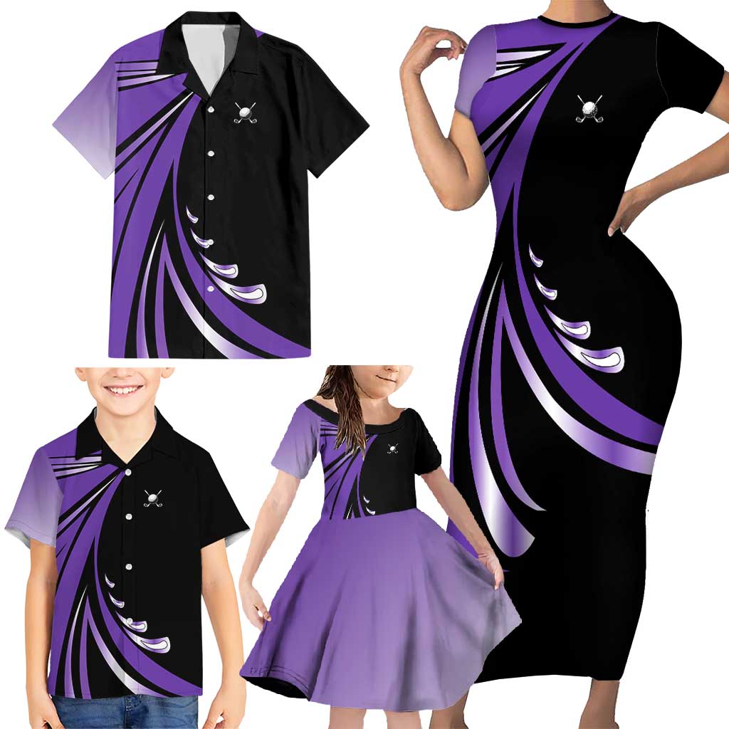 Personalized Purple Winged Golf Ball Family Matching Short Sleeve Bodycon Dress and Hawaiian Shirt Bold Golf Graphic Design - Wonder Print Shop