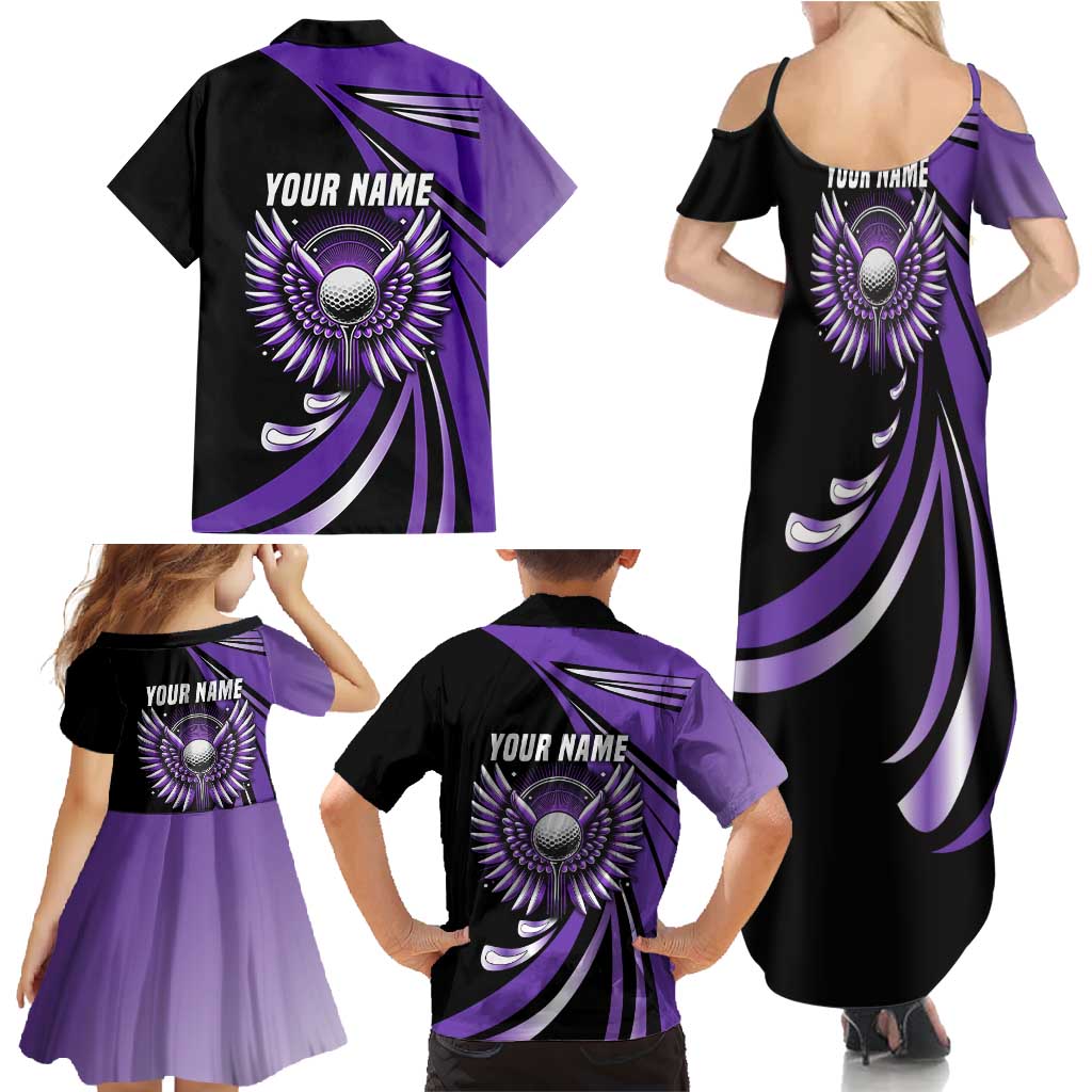 Personalized Purple Winged Golf Ball Family Matching Summer Maxi Dress and Hawaiian Shirt Bold Golf Graphic Design - Wonder Print Shop