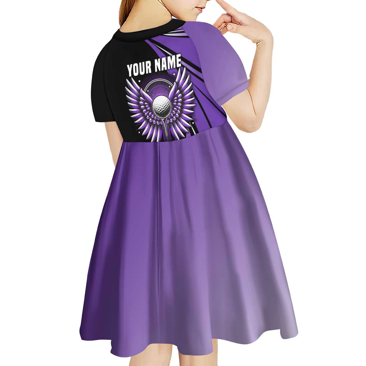 Personalized Purple Winged Golf Ball Kid Short Sleeve Dress Bold Golf Graphic Design - Wonder Print Shop