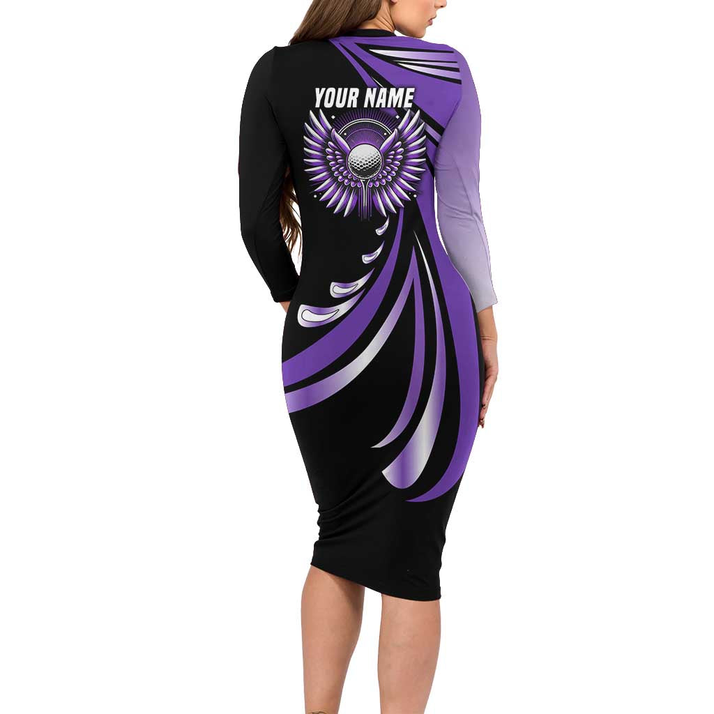 Personalized Purple Winged Golf Ball Long Sleeve Bodycon Dress Bold Golf Graphic Design