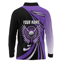 Personalized Purple Winged Golf Ball Long Sleeve Polo Shirt Bold Golf Graphic Design - Wonder Print Shop