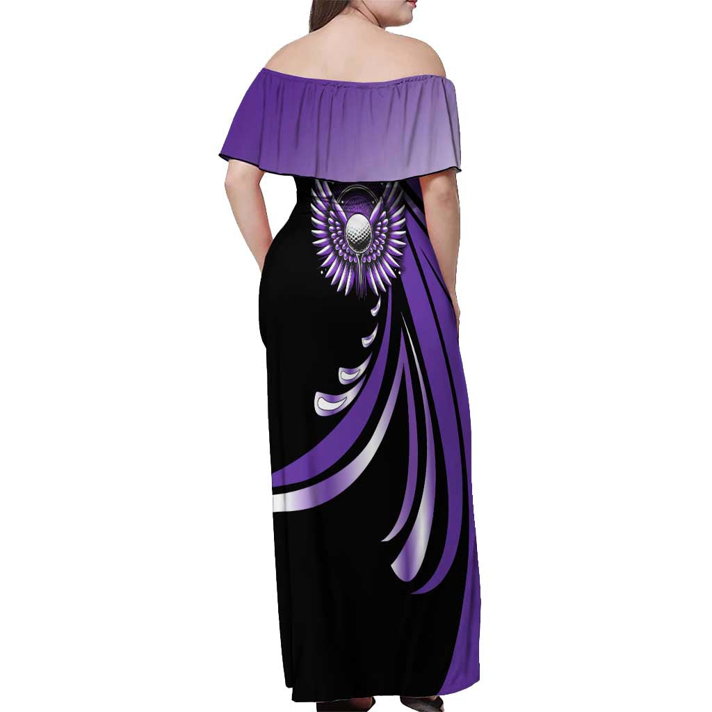 Personalized Purple Winged Golf Ball Off Shoulder Maxi Dress Bold Golf Graphic Design - Wonder Print Shop