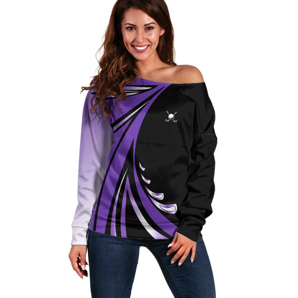 Personalized Purple Winged Golf Ball Off Shoulder Sweater Bold Golf Graphic Design - Wonder Print Shop